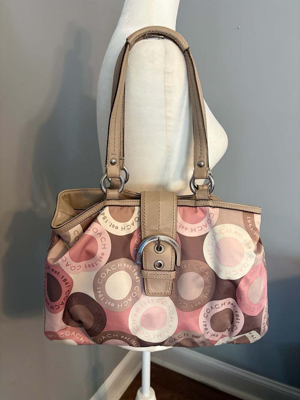 Coach Pink and Brown Circle Print Satchel Bag with Tan Leather Trim